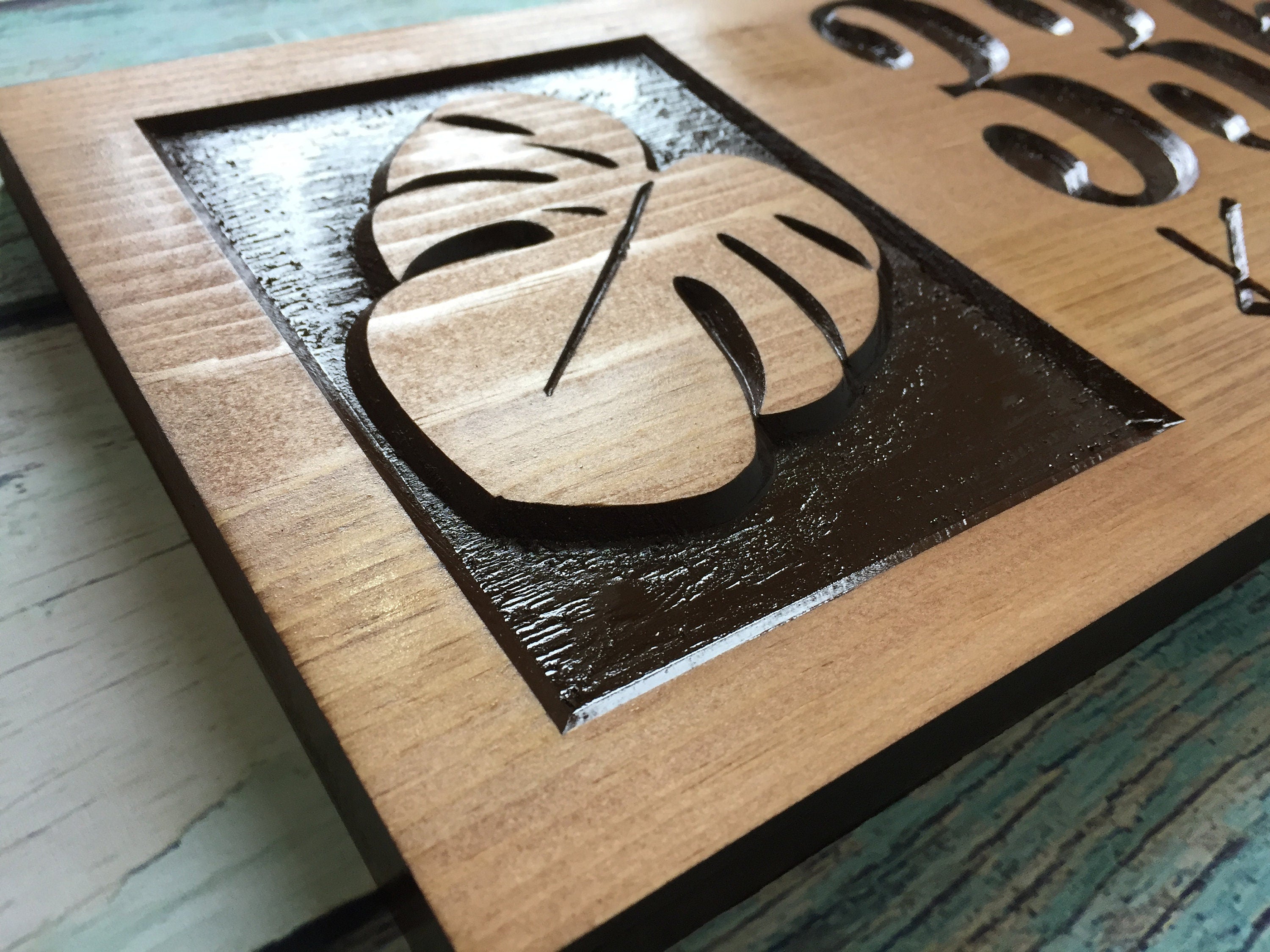 Wooden Carved Address Sign with Monstera Leaf