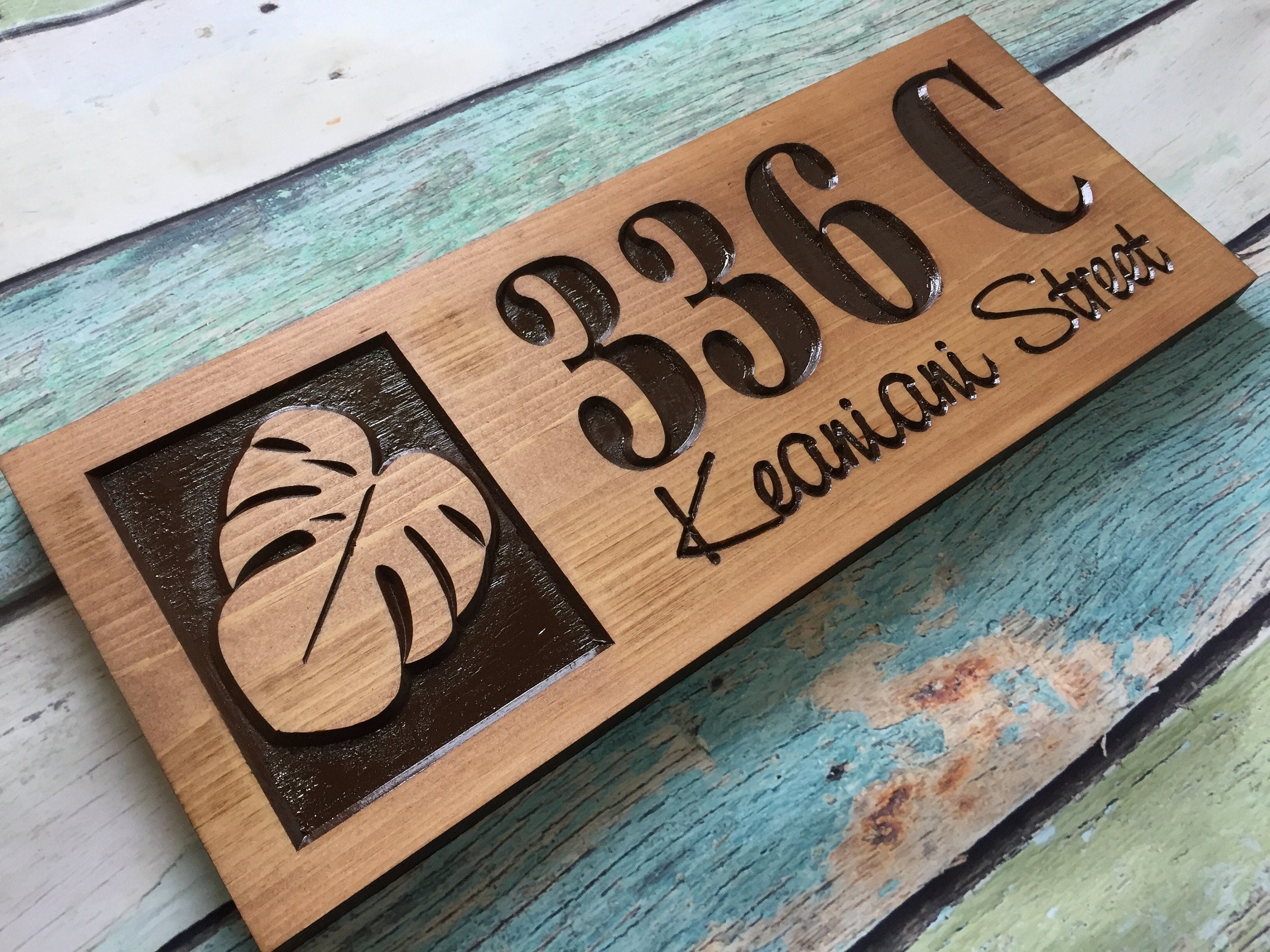 Wooden Carved Address Sign with Monstera Leaf