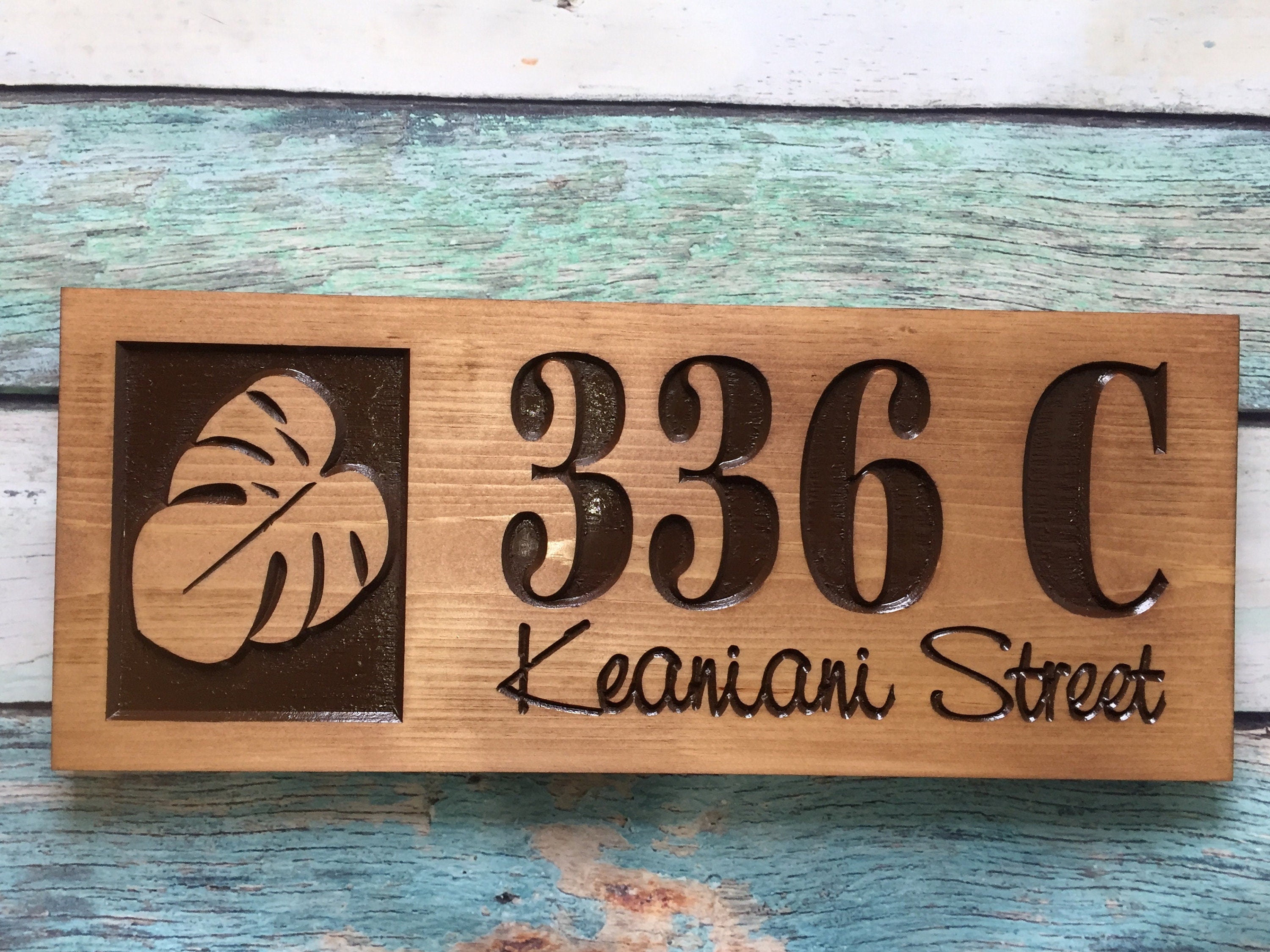 Wooden Carved Address Sign with Monstera Leaf