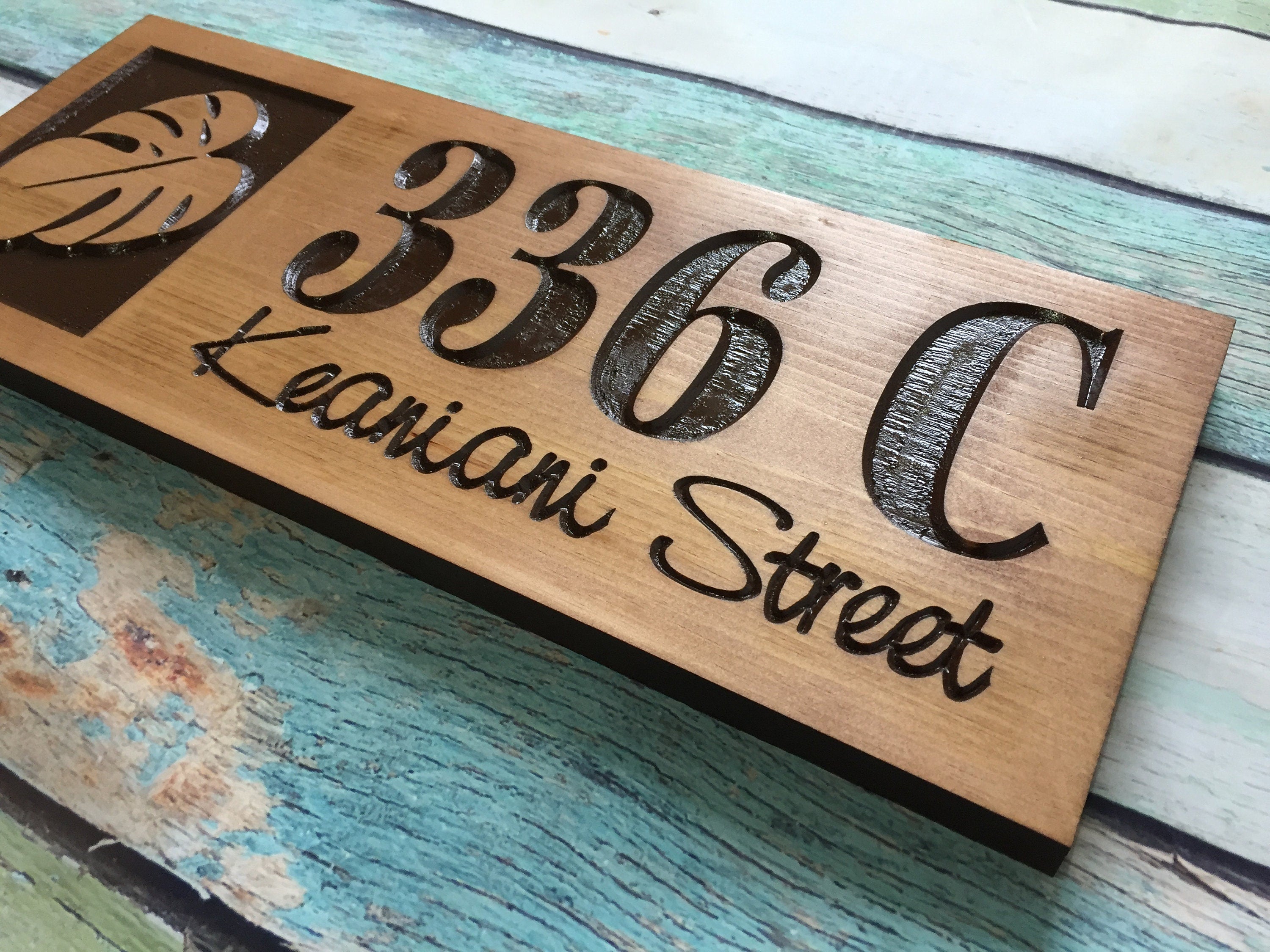Wooden Carved Address Sign with Monstera Leaf