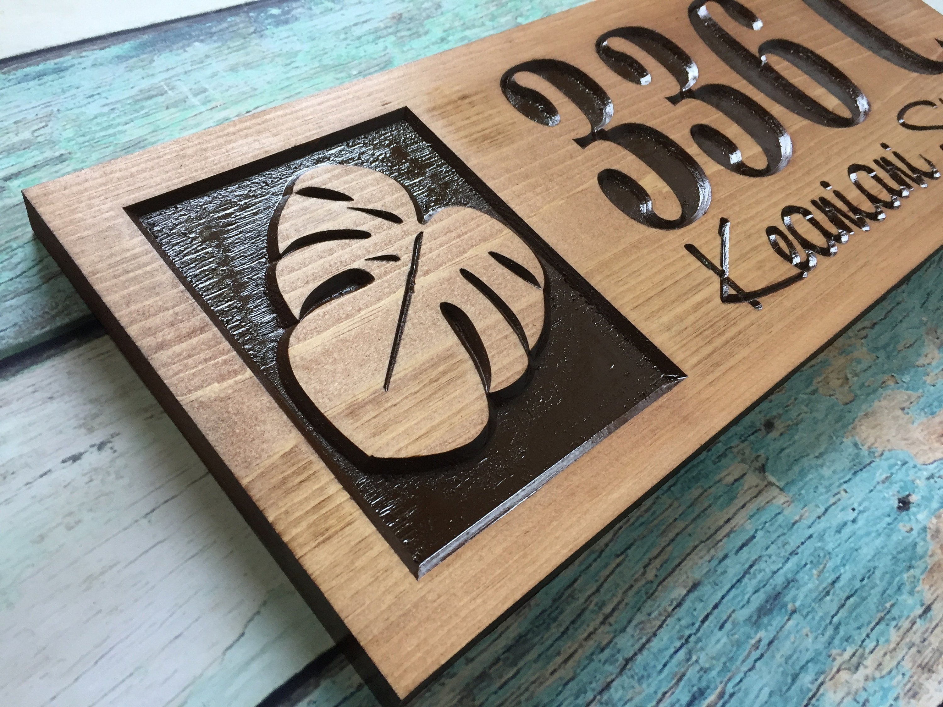 Wooden Carved Address Sign with Monstera Leaf