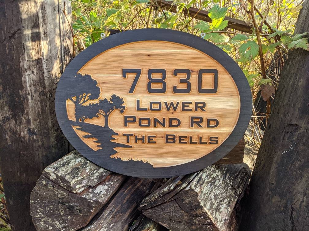 Last name address carved wooden sign