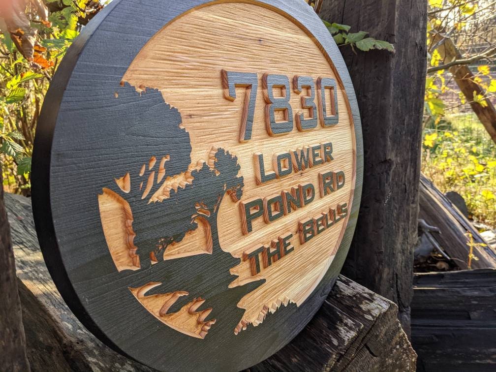 Last name address carved wooden sign
